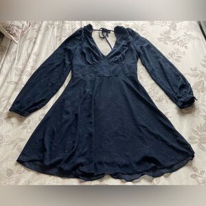 Y2K Navy Glitter Pintuck Babydoll Sheer Puff Sleeve Mini Dress 6 Hoco Prom Dance